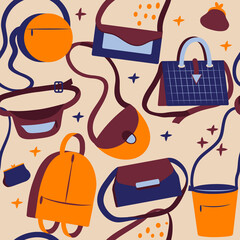 Seamless pattern with different types of bags. Design for wrapping paper or textile. Colorful vector illustration in flat style.