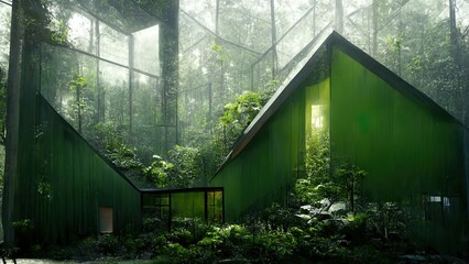 Huge Green House In Forest Interior
