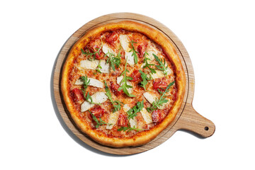 Pizza with cheese, arugula, tomatoes, chicken pieces and sauce