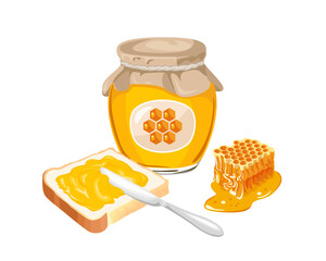 Honey set. Piece of toast bread with honey, knife, glass jar and honeycomb isolated on white background. Vector sweet food illustration in cartoon flat style.