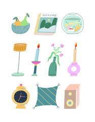 Vector collection of different elements for home decoration. Bowl. books, aquarium, lamp, candles, pillow, clock, flowers. Cute images. For cards, posters, stationary.