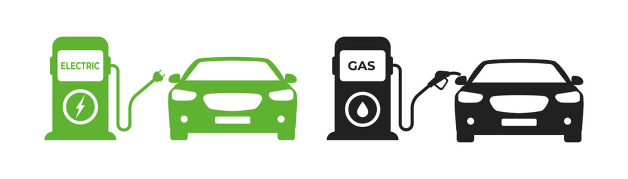 Gasoline car and electric car at the refueling station . Car charging at the charger station. Eco car . Auto refueling petrol at the gas station. ecology transport concept vector illustration.