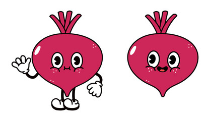 Cute funny beet waving hand character. Vector hand drawn traditional cartoon vintage, retro, kawaii character illustration icon. Isolated on white background. Beet character concept