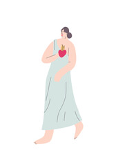 Minimalist vector illustration of a lady in dress in antique with red heart. Depiction of a woman. Decorative element for cards, posters, stationery.
