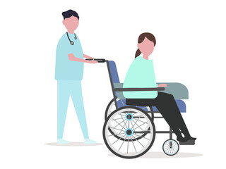車椅子の患者と医者 看護士 ナース 押す 治療 病気やケガ 人物 ベクターイラスト