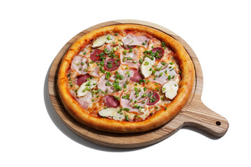 Pizza with cheese, ham, chicken, onion, sausages and sauce