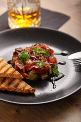 Gourmet meat meals assortment flat lay. Top view on restaurant table with menu of tasty grilled snacks. Concept for restaurant menu.