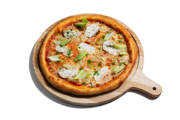 Pizza with cheese, chicken, salad, pineapple and sauce