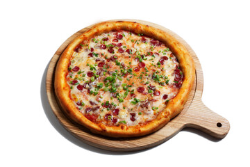 Pizza with cheese, sausages, green onions and sauce