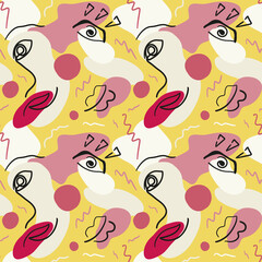 Abstract faces and shapes. Hand-drawn Seamless vector pattern on yellow background with eye, lips and face outline. Modern line art design for textile, fabric, packaging.
