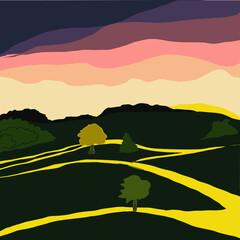 Color flat beautiful countryside scenery. Graphic vector illustration Italian landscape