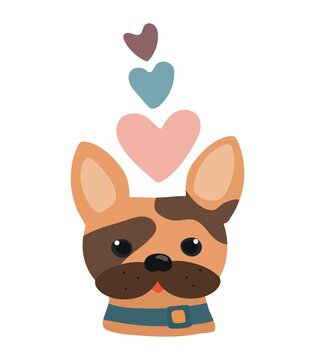 French bulldog illustration with hearts. Drawn cartoon bulldog for postcards, books, posters, advertising.