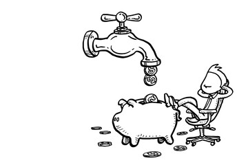 Businessman earning money without breaking a sweat. Conecpt of financial intelligent. Hand drawn vector design on isolated background