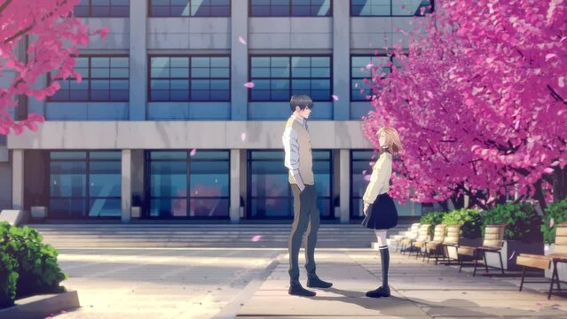 Anime Cartoon Scene with Young Man Meeting a Girl in Schoolyard with Sakura Leaves Floating Around. Digital Drawing in Japanese Style with Couple of Beautiful Characters Meeting Park.