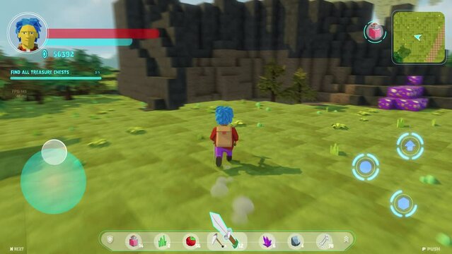 Animated MMO Arcade with Hero Character Running with Pickaxe and Gathering Different Valuable Resources. Looped Video Game Mock Up Concept: 3D Third Person Fantasy Open World Online Gameplay.
