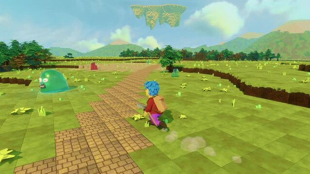 Animated MMO Arcade with Hero Character Running with Sword and Fighting Colorful Monsters. Looped Video Game Mock Up Concept: 3D Third Person Fantasy Open World Online Gameplay.