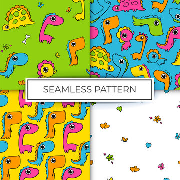Collection Pattern of cartoon illustration fany colorful dinosaur