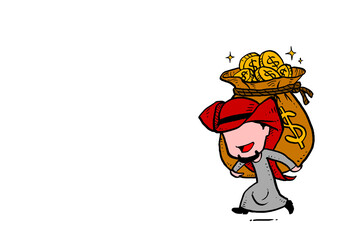 Arab investor carrying big money bag and gold coin. Concept of financial business fortune. Caricature vector illustration design