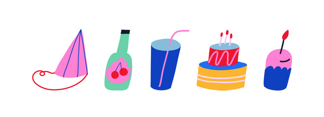 Colorful vector set of illustrations on the theme of party, birthday, celebration. Depiction of festive cap, bottle, drink, cake and cupcake. Decorative element.
