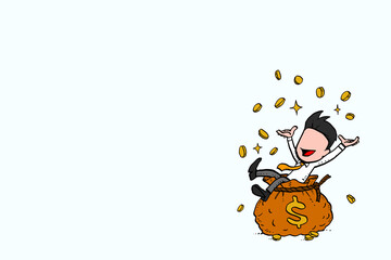 Businessman sitting on the big money bag full of gold coin. Cartoon vector illustration design on isolated background