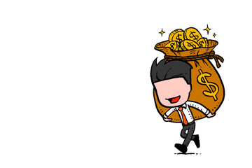 Happy businessman carrying big money bag. Concept of reward compensation and benefit. Line art vector illustration design