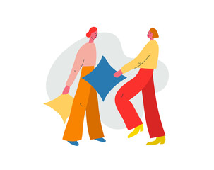 Colorful vector illustration with girls. Depiction of two young women with a shapes on the background. Pillow fight. For cards, posters, stationery.