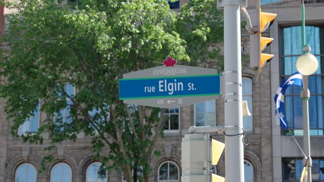 Elgin Street sign in downtown Ottawa near Parliament Hill on a sunny summer day
