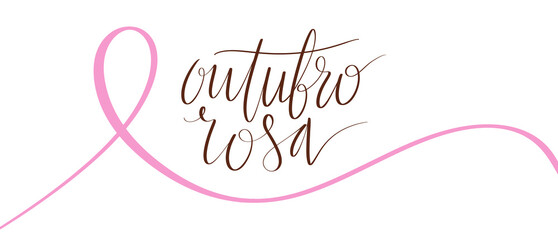 Outubro Rosa - Pink October in Brazilian language. Breast Cancer Awareness campaign web banner. Handwritten lettering.