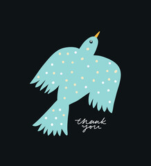 Minimalist vector illustration with blue bird on dark background. Hand drawn lettering. Thank You inscription. Decoration for cards, posters, stationery. - 514201007