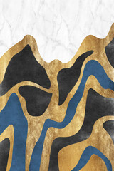 Golden mountains art with marble texture. Luxury wallpaper design with gold foil shiny sketch of mountain Landscape.