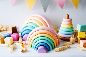 Children's wooden toys. Rainbow made of natural wood. Zero waste concept.