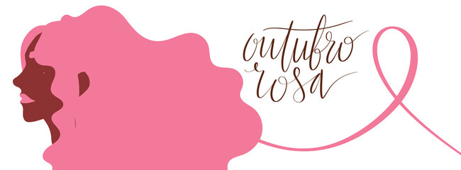 Outubro Rosa - Pink October in Brazilian language. Breast Cancer Awareness campaign web banner. Handwritten lettering.