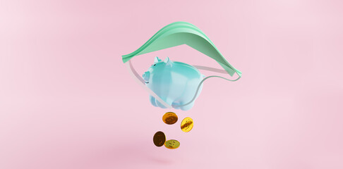 Face mask holding up piggy bank as parachute