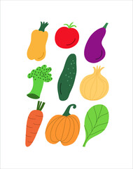 Illustration set of vegetables in vector. Veggies in minimalist style. Pepper, tomato, cucumber, pumpkin, broccoli, spinach. Healthy food.