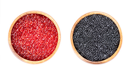 Top view of wooden bowls full of red and black caviar.