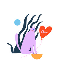 Colorful vector illustration with purple cat holding red balloon with lettering 