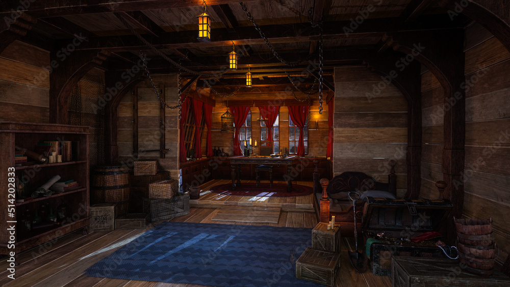 Poster captain's quarters in old wooden pirate ship with treasure chest on the floor and map on table by wi