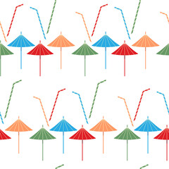 Bright summer pattern with an abstract image of colorful cocktail accessories on a white background.