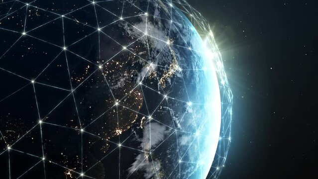 Global network of interconnecting lines and dots, visualizing the exchange of digital data, covers the entire surface of the planet earth. Worldwide Business,  International Network,  Big Data Cloud.