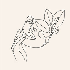 woman face with leaves line art. Continuous line drawing