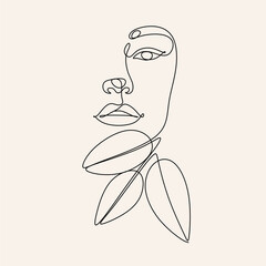 woman face with leaves line art. Continuous line drawing