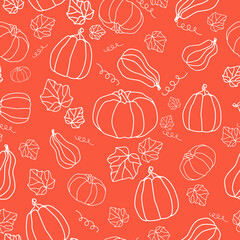 Seamless vector pattern with pumpkins and foliage. Hand drawn doodles. Wallpaper orange, brown background. Botanical print for fabric, textile, wrapping paper. Pumpkin harvest.