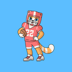 Naklejka premium Cute red cat in uniform for american football with ball. Cartoon vector character for children