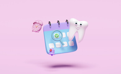 3d calendar with dental molar teeth model, clock, checkmark icons, marked date, notification bell isolated on pink. health of white teeth, dental examination of the dentist, 3d render illustration