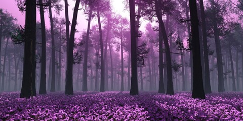 Glade of flowers in the forest at sunset, 3d rendering © ustas