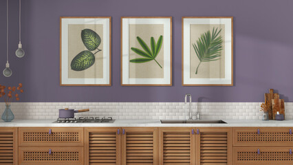 Colonial wooden kitchen in white and purple tones, close up, front view. Tiles, cabinets with shutters, rattan drawers, leather handles, sink, hob, frames and decors. Interior design