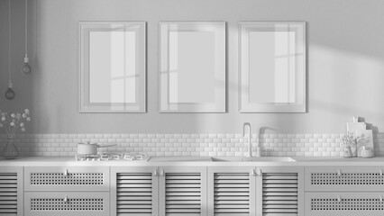 Total white project draft, colonial wooden kitchen, close up, front view. Tiles, cabinets with shutters and rattan drawers, handles, sink, hob, frames and decors. Interior design