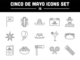 Black Line Art Set Of Cinco De Mayo Icons.