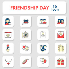 Flat Style Friendship Day Celebration 16 Icon Set.
