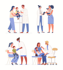 Set of scenes from children visiting doctor. Consultation of parents on children's diagnostics. Friendly medical workers with little patients. Vector characters flat cartoon illustrations.